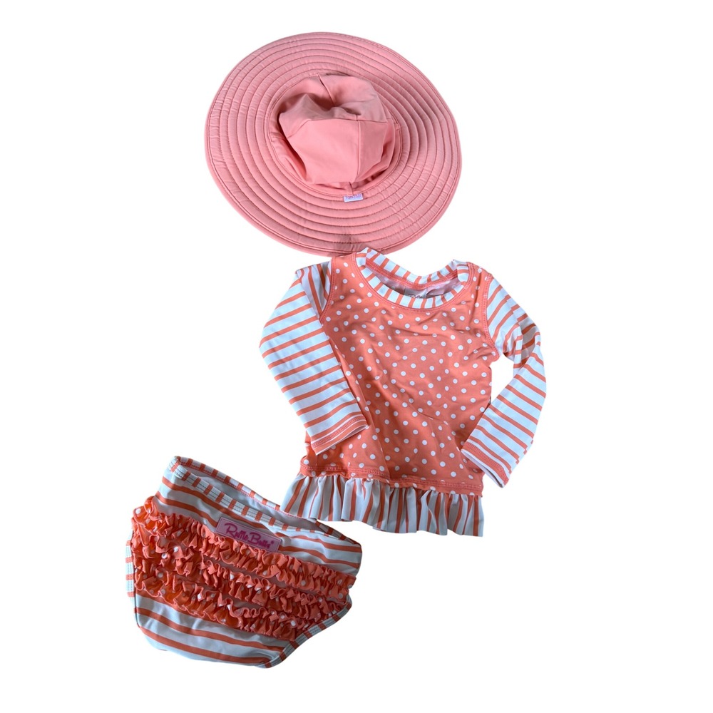RuffleButts Baby Girls Rash Guard Swimsuit Set with Sun Hat Coral Pink 12-18M